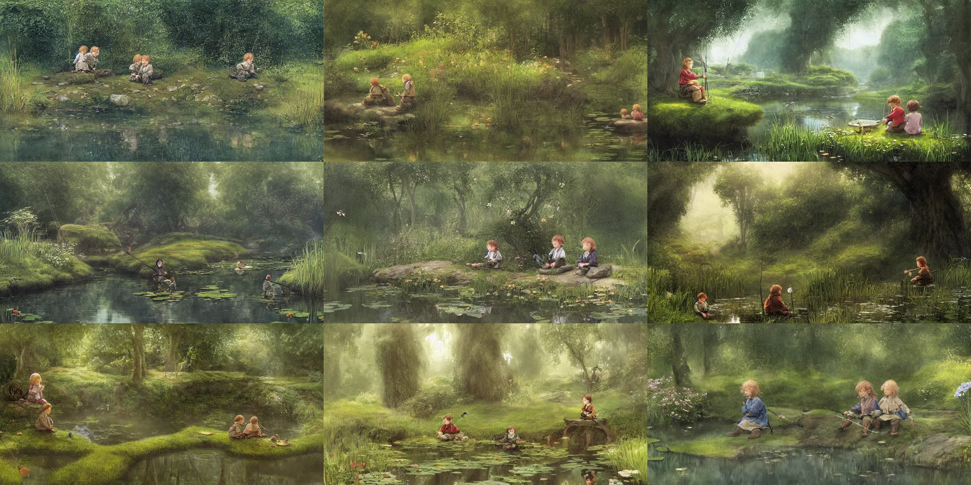 Prompt: two hobbit children sit with fishing poles near a mirror like pond, by alan lee, lotus flowers on the pond, honeysuckle flowers cover nearby trees, dark foggy forest background, sunlight filtering through the trees, digital art, art station.