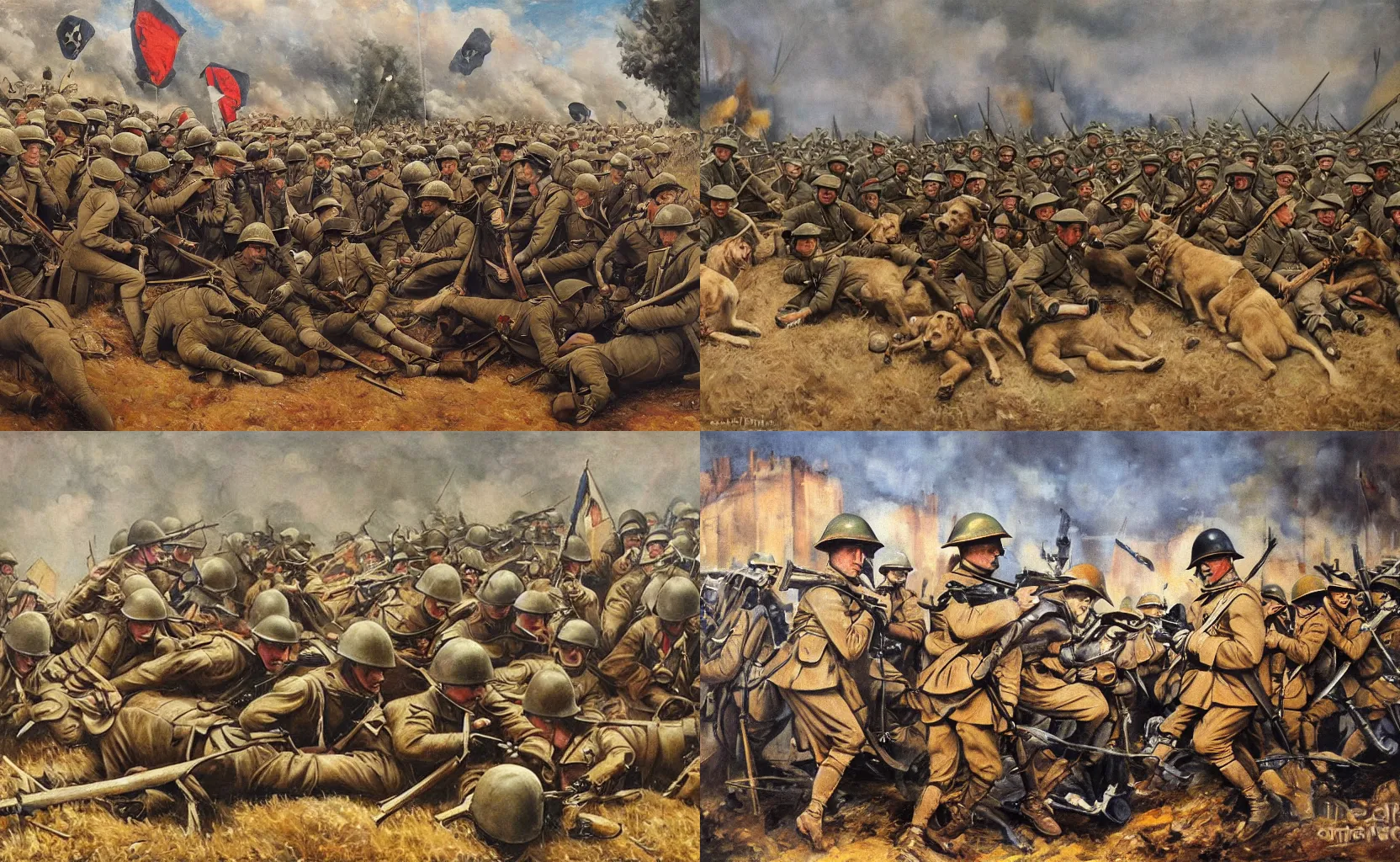 Prompt: the dog battalion, ww1 historic painting oil on canvas