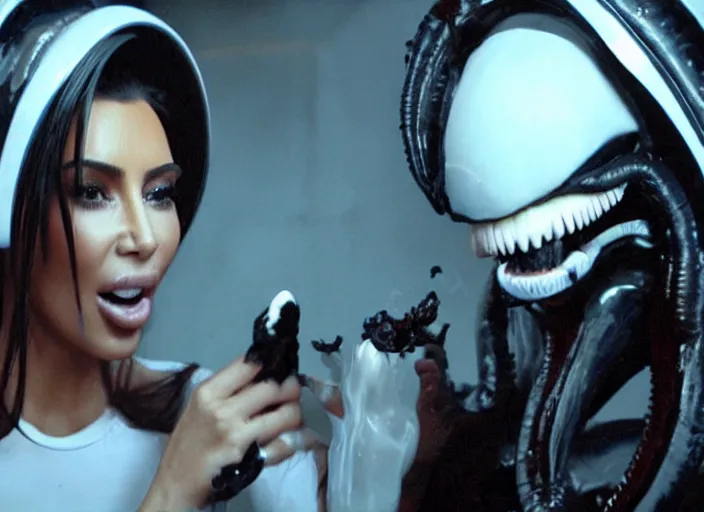 Image similar to film still of kim kardashian ingesting alien goo from the mouth of an xenomorph, transparent goo, transparent liquid, saliva, 8 k