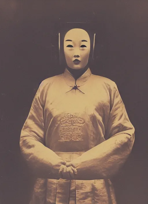 Prompt: old vintage photo of powerful Chinese ancient sentiel standing in the ancient temple during ritual big space suit helmet in front of her on the table, symmetrical face, big eyes and lips, looking at camera, subtle makeup, clean face and body skin,ecstatic expression,volumetric lights,depth of field, lens flares, dust in the air, moody lighting, intricate, elegant, highly detailed, centered, smooth, sharp focus, Donato Giancola, Joseph Christian Leyendecker, WLOP, Boris Vallejo, Artgerm moody photography, old photo, black and white, sepia, cinematic lighting, cinematic angle, national geographic