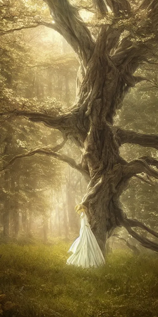 Image similar to a big tree in a meadow with white leaves and some leaves falling retro digital painting, artstation, concept art, soft light, hdri, smooth, sharp focus, illustration, fantasy, intricate, elegant, highly detailed, D&D, matte painting, in the style of Greg Rutkowski and Alphonse Mucha and artemisia, 8k, highly detailed, jurgens, rutkowski, bouguereau, pastoral, rustic, georgic