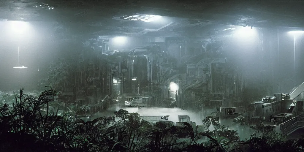 Prompt: film still of a dark futuristic scientific research outpost with complicated machinery and lasers in a moist foggy jungle, science fiction, ridley scott, lights through fog, futuristic outpost building, wet lush jungle landscape, dark sci - fi, 1 9 8 0 s, beige and dark atmosphere, ridley scott