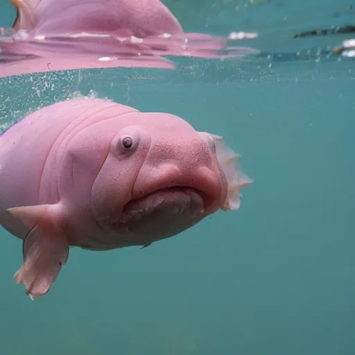 a photo of a blobfish jumping from the water like a