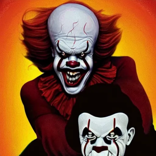 Image similar to pennywise the clown riding on danny trejo's back in a mystical void