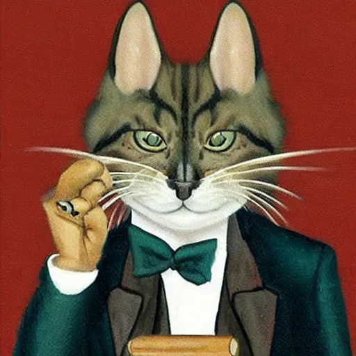 Image similar to an antropomorphic cat wearing a suit smoking a cigar