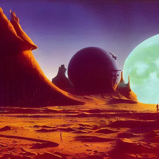 Prompt: 1990's computer monitor isolated in the green moonlit desert, surrealism, by Tyler Edlin and Jean Delville, by John Berkey and Filip Hodas, sci-fi concept art, Beeple, highly detailed, soft lighting, rendered in octane, by Roger Dean, by Dean Ellis, catholicpunk, german romanticism style, oil on canvas, cinematic lighting, vibrant, concept art, gothic, contrasting, nightscape
