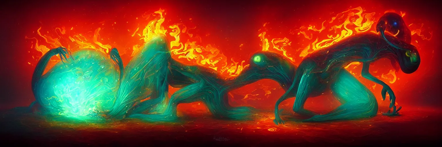 Image similar to whimsical surreal fiery plankton creatures, surreal dark uncanny painting by ronny khalil