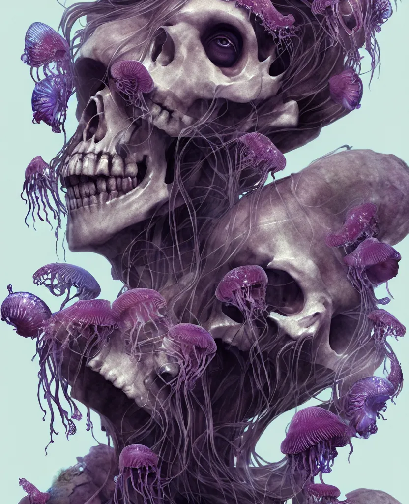 Image similar to goddess close - up portrait human skeleton, ram skull, jellyfish, orchid, betta fish, bioluminiscent, intricate artwork by tooth wu and wlop and beeple. octane render, trending on artstation, greg rutkowski very coherent symmetrical artwork. cinematic, hyper realism, high detail, octane render, 8 k