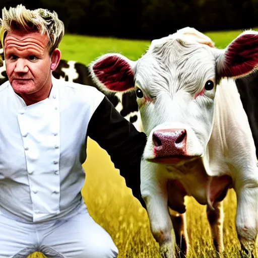 Prompt: gordon ramsay yelling at a cow, closeup faces, hyper realistic photo