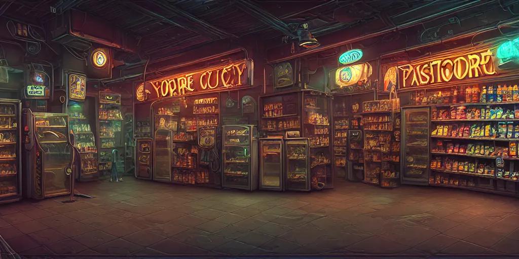 Image similar to fantasycore, eldritch, psychic, elemental masterpiece 8k resolution Behance HD scrollwork magic conduits zBrush Central contest winner, cel-shaded cyberpunk convenience store pastiche by Dan Witz