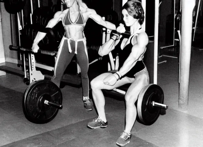 Image similar to Photos from the 1980's. A muscular woman is working out in the gym.