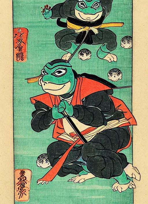 Image similar to a ninja turtle as a yokai illustrated by kawanabe kyosai and toriyama sekien