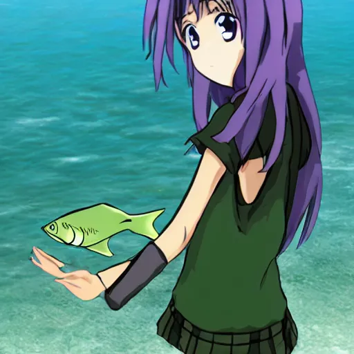 Image similar to a fish pointing an anime girl