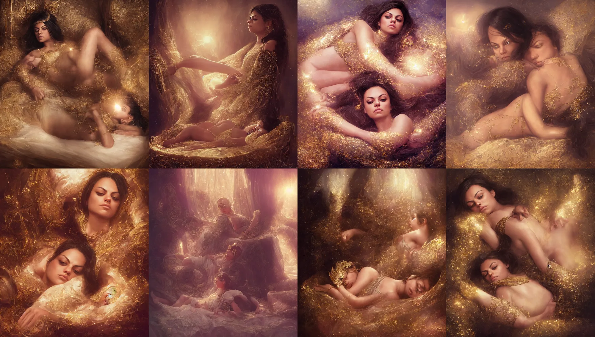 Image similar to close portrait of mila kunis as a little princess sleeping on her throne, intricate, gold glow, diamond prisms, morning sun - rays, wlop, greg rutkowski, steve argyle, ilya kuvshinov, rossdraw, daniel f. gerhartz,