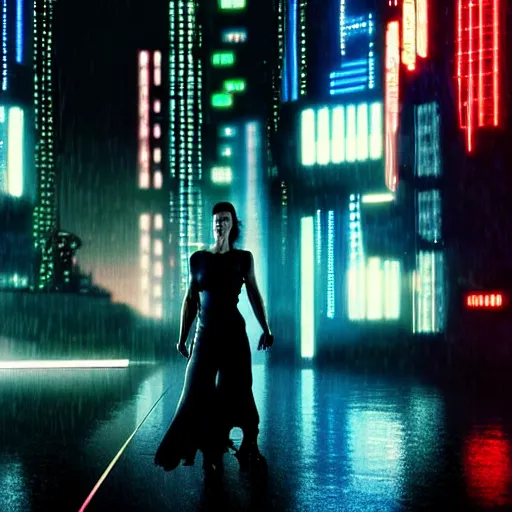 Image similar to jennifer connelly starring in a cyberpunk movie in a distopic futuristic city in the style of bladerunner, firing a gun, muzzle flash, movie still, highly detailed, rainy night, volumetric lights, dramatic, scifi, sharp focus