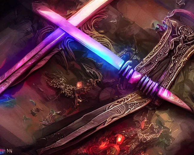 Image similar to legendary glowing sword of cybernetic technology on a table, digital award winning artwork, intimate dark moody, intricate, long sharp black and iridescent blade, ornate spikes, colorful hilt, detailed realistic, raytraced blade, colored gems, golden pommel, trending on artstation and deviantart