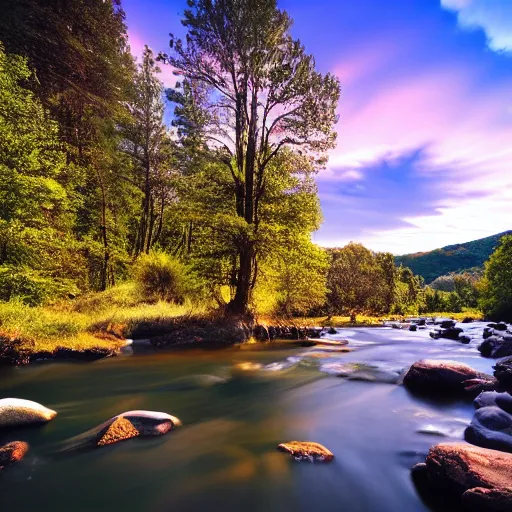 Image similar to a beautiful landscape, river, rocks, trees, volumetric lighting