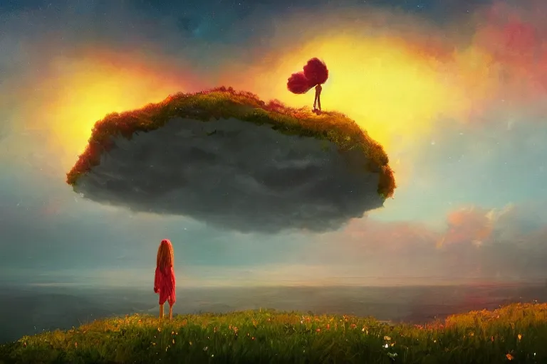 Image similar to giant flower over head, girl standing on cliff, surreal photography, sunset, stars, dramatic light, impressionist painting, storm clouds, digital painting, artstation, simon stalenhag