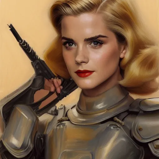 Image similar to A combination of Grace Kelly's and Emma Watson's and Ashley Greene's appearances with blonde hair wearing Power armor, full body portrait, western, D&D, fantasy, intricate, elegant, highly detailed, digital painting, artstation, concept art, matte, sharp focus, illustration, art by Donato Giancola and James Gurney
