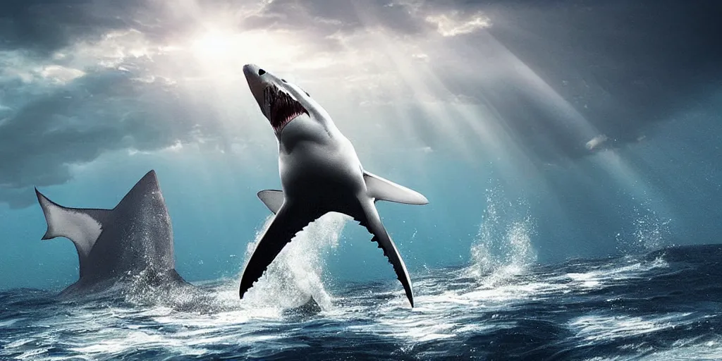 Image similar to giant great white shark coming from the bottom of the ocean towards the surface with its jaw open and pointy teeth showing, trending on artstation, digital art, fog, sun flare, rain