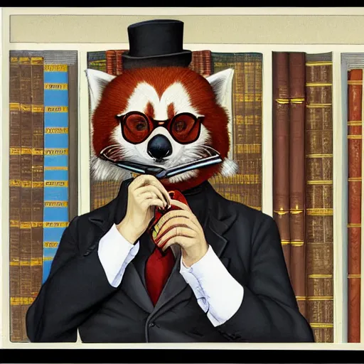 Prompt: Portrait of an anthropomorphic Red Panda Professor wearing thick glasses and smoking a pipe in a library Very high quality. Drawn by James Christensen