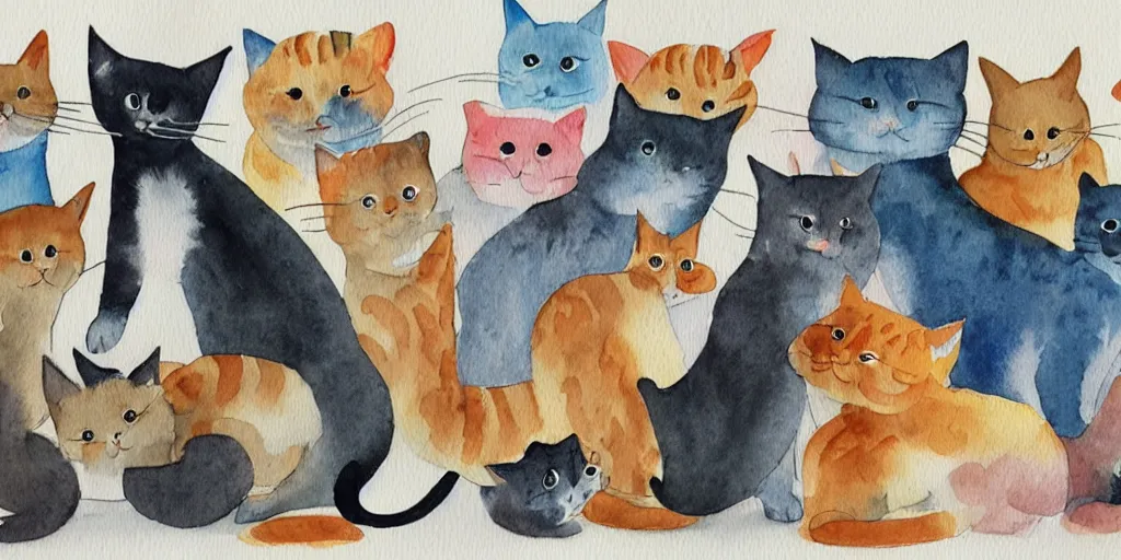 Image similar to group of funny cats select a different type of project before start design production, watercolor illustration