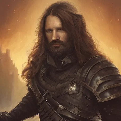 Image similar to stellan skarsgard posing with long hair and beard, black armor, sword, d & d, fantasy, intricate, elegant, highly detailed, digital painting, artstation, concept art, matte, sharp focus, illustration, hearthstone, art by artgerm and greg rutkowski and alphonse mucha