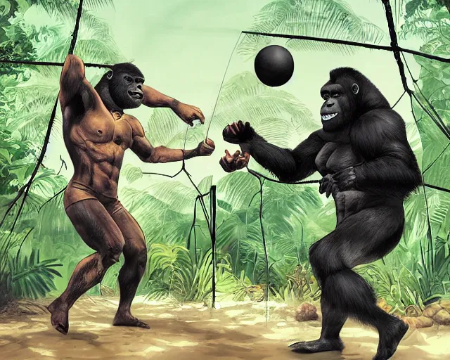 Image similar to gorilla and batman playing volleyball in a jungle with a volleyball, volleyball net, digital illustration, inspired by greg rutkowski and artgerm, high detail