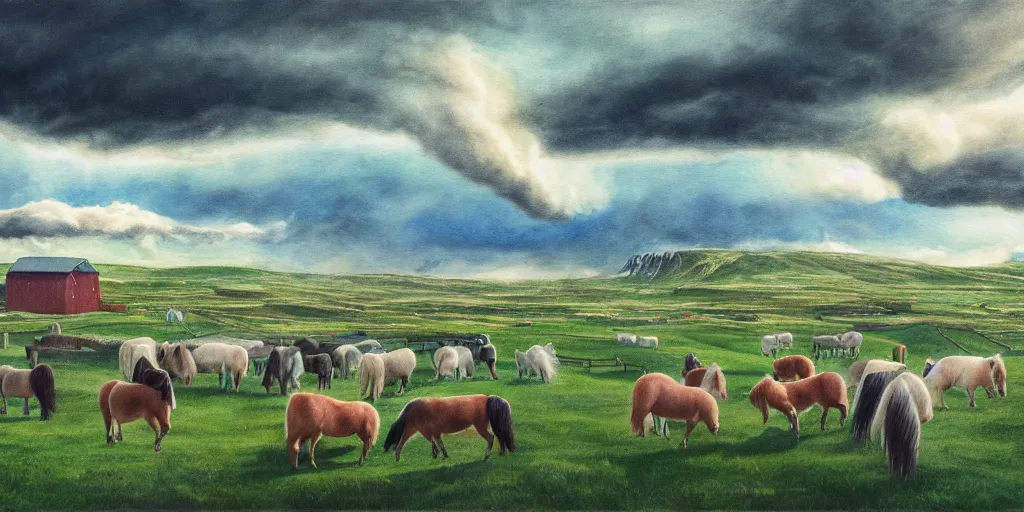 Image similar to a beautiful painting of a icelandic farm, icelandic horses galloping, storm clouds gathering over the town, by studio ghibli 8 k pastel colours, isometric, three point perspective, drone shot, smeared watercolours, golden light, film grain