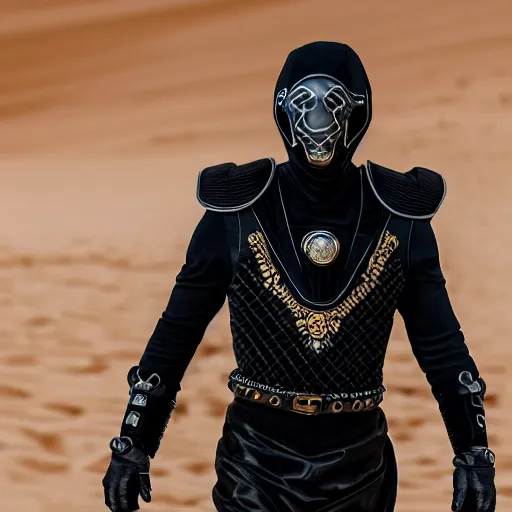 Image similar to medium face shot of adult Austin Butler dressed in futuristic-tudoresque black-prussian blue garb with embroidered Rams head emblem, and nanocarbon-vest, in an arena in Dune 2021, XF IQ4, f/1.4, ISO 200, 1/160s, 8K, face in-frame