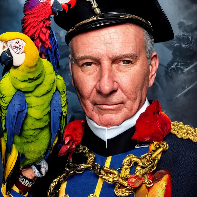 Image similar to close - up octane render portrait by wayne barlow and carlo crivelli and glenn fabry, an extremely elegant bold stern well - dressed admiral in a very powerful uniform, holding a colorful parrot, inside a colorful highly - themed nautical bar, very short depth of field, bokeh