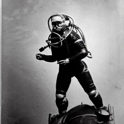 Image similar to detailed photo of a diver wearing an early diving suit. the diver is playing an electric guitar on the moon. old diving suit pictures. old diving suit. early diving suit. old diving suit photos. detailed