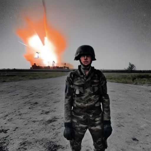 Prompt: an eerie selfie taken in no mans land during ww3 with an explosion far in the background