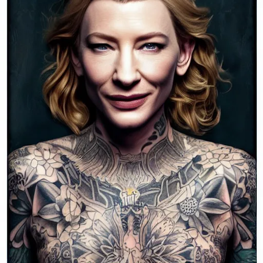 Image similar to full body tattooed cate blanchett,japanese, highly detailed, photorealistic, 4k