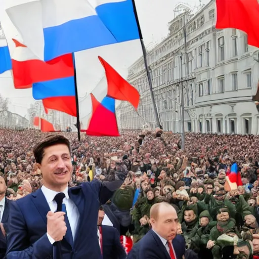 Prompt: zelensky against the background of the russian flag, a clear photo in color