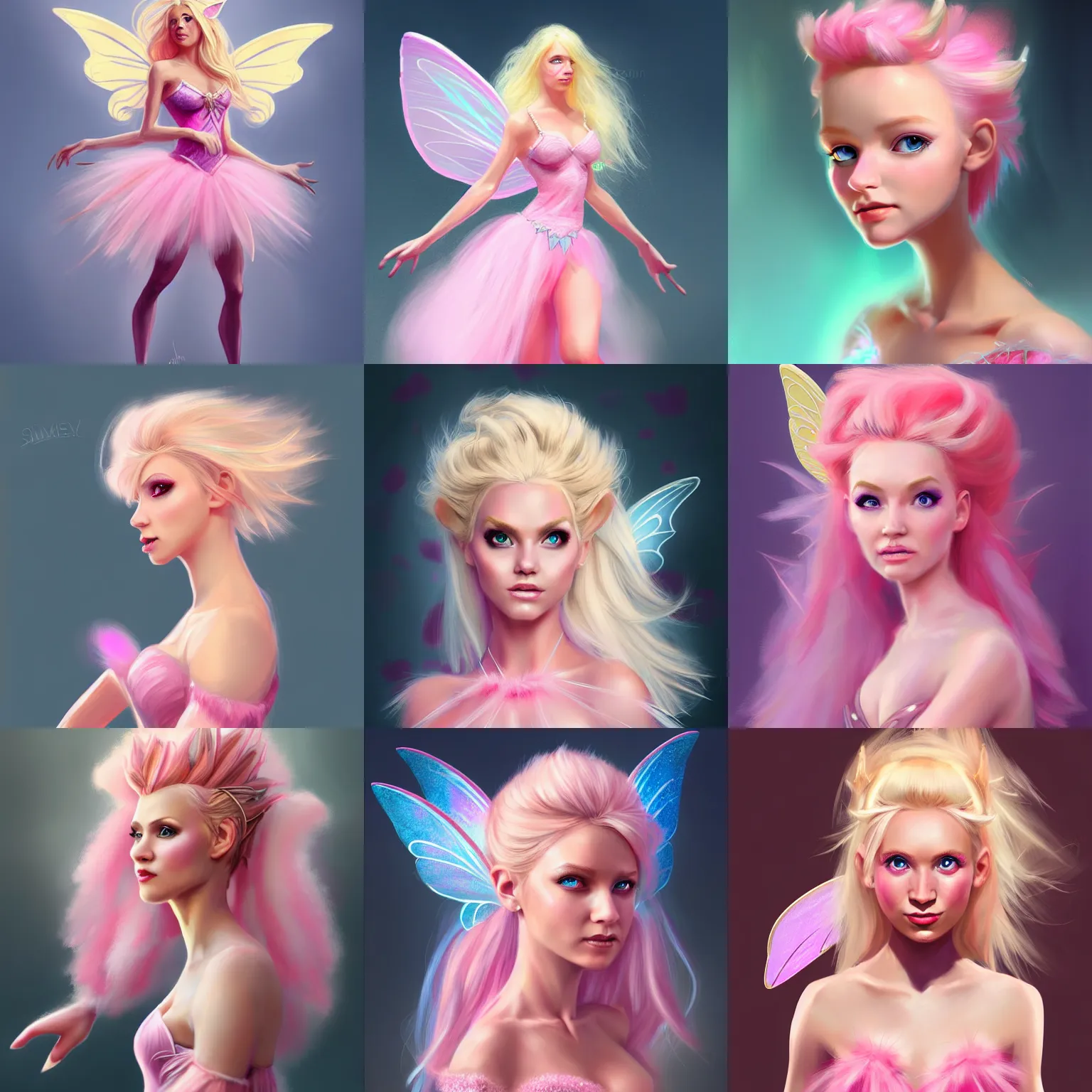 Prompt: character concept portrait, beautiful blonde fairy woman, wearing a pink romantic tutu, digital painting, concept art, smooth, sharp focus, illustration, trending on artstation, fantasy, highly detailed, digital rendering by simon bisley