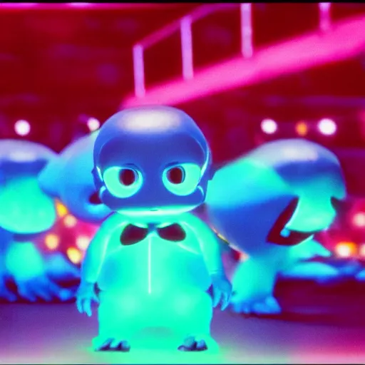 Image similar to cute smiling pixar and chibi style electric blue scaled glowing baby dinosaurs in tron movie, cinestill