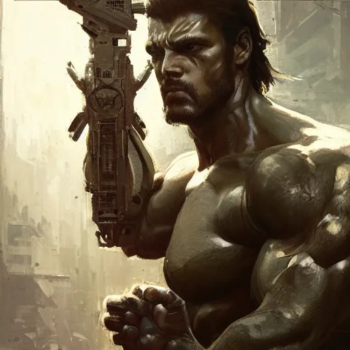 Image similar to handsome portrait of a spartan guy bodybuilder posing, radiant light, caustics, metal gear solid, ghost in the shell, by gaston bussiere, bayard wu, greg rutkowski, giger, maxim verehin