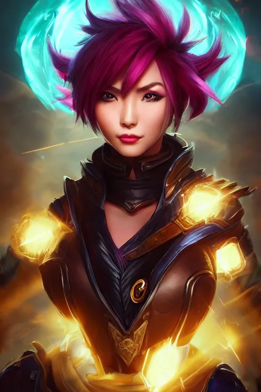 Image similar to portrait art of vi from league of legends, 8 k ultra realistic, digital art, character portrait, highly detailed, trending on artstation, lens flare, atmosphere, hyper realistic, cinematic lightning, sharp focus, unreal engine 5, extreme details perfect face, pretty face, fine - face, illustration, 8 k, ultra texture, masterpiece