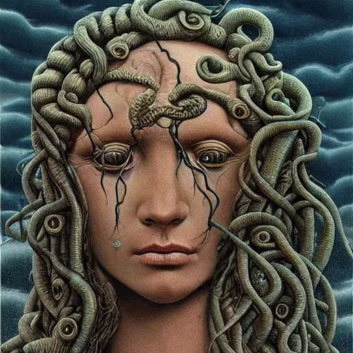 Image similar to very sad medusa, crying, tubular creature, blood vesels, no face, dystopian surrealism, art style botticelli alex ries giger zdzisław beksinski, symmetry accurate features, snake hair, stone marble, very intricate details, high resolution, high quality