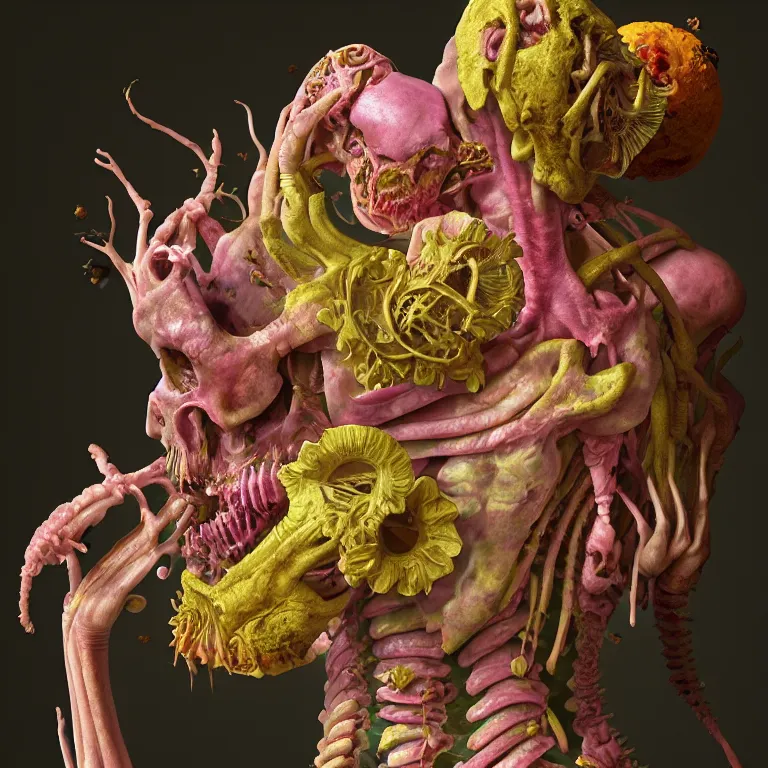 Prompt: still life of rotten flesh, beautiful pastel tropical alien flowers, human spine, colorful mold, baroque painting, beautiful detailed intricate insanely detailed octane render, 8K artistic photography, photorealistic, chiaroscuro, Raphael, Caravaggio