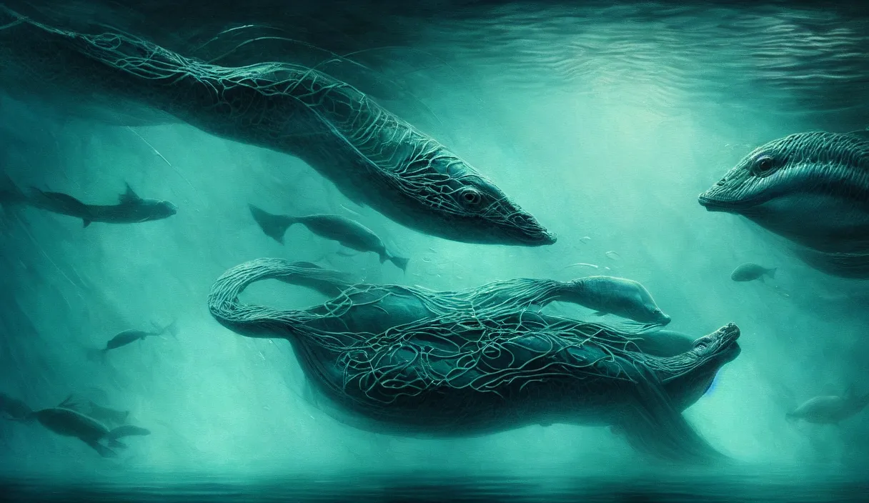 Image similar to epic professional digital art of aquatic life, ambient teal light, painted, mysterious, closeup cinematic aquatic scene, eerie, mythic, detailed, intricate, grand, leesha hannigan, wayne haag, reyna rochin, ignacio fernandez rios, mark ryden, van herpen, artstation, cgsociety, epic, stunning, gorgeous, wow wow detail