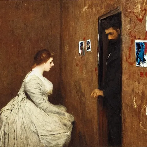 Image similar to a young man and a young woman solving an escape room puzzle, mysterious markings on the wall, by alfred stevens