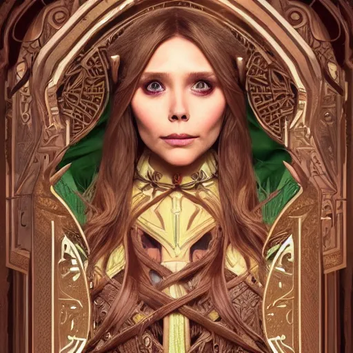 Image similar to Elizabeth Olsen as a elf archer, cute, fantasy, intricate, elegant, highly detailed, centered, digital painting, artstation, concept art, smooth, sharp focus, illustration, art by artgerm and H R Giger and alphonse mucha