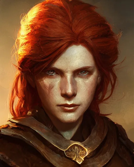 Image similar to the elder scrolls vi, charismatic rugged female redhead breton mage portrait, illustration, rim light, top light, perfectly shaded, golden hour, epic, intricate, soft painting, art by ross tran, krenz cushart and wenjun lin