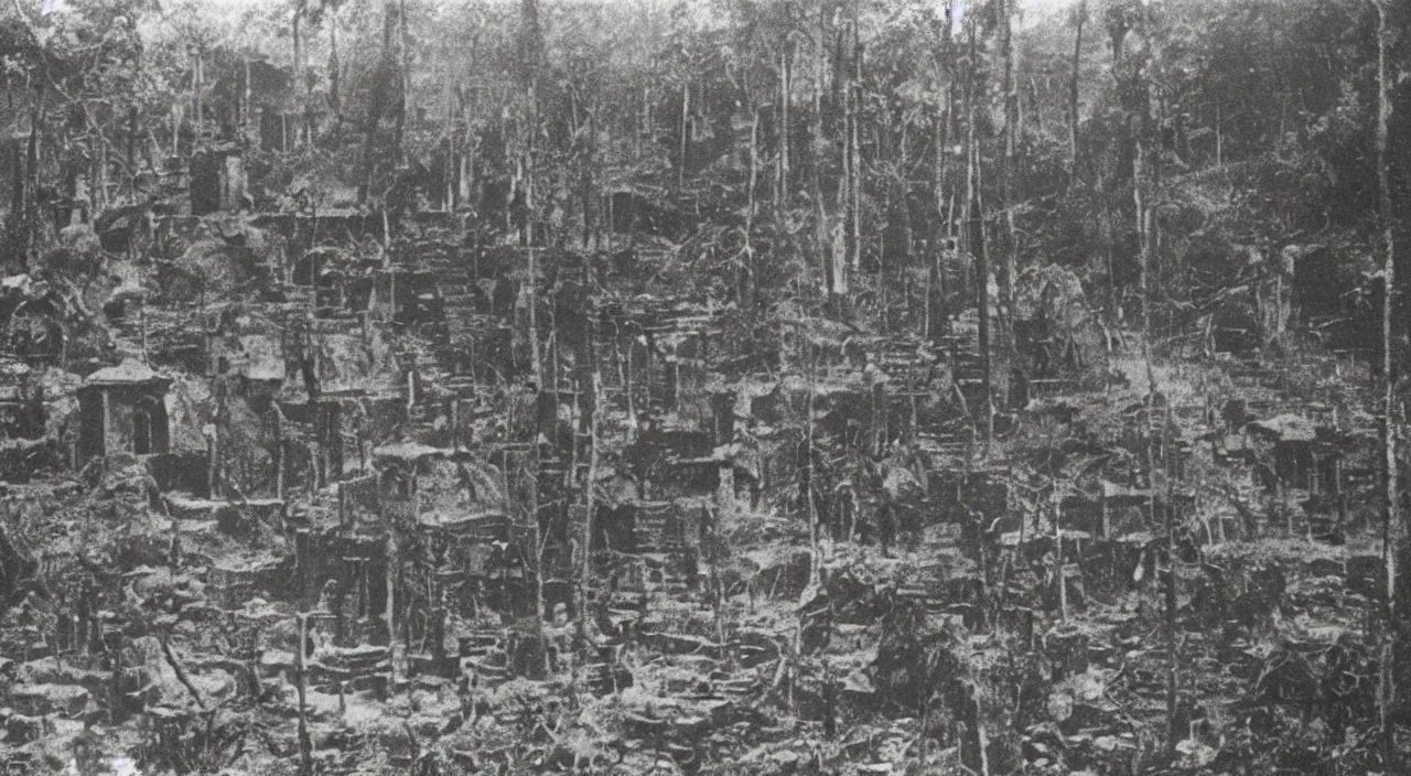 Image similar to a 1900s grainy photo of a lost city found in amazonia's forest