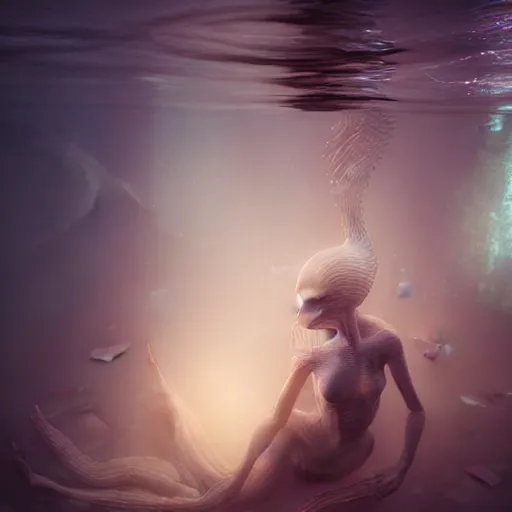 Image similar to ultra realistic horror photo of a dimly lit translucent female alien creature underwater, very intricate details, focus, full frame image, curvy, model pose, artwork by anna dittmann and greg rutkowski, award winning