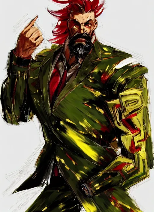 Image similar to Full body portrait of an old muscular man with blonde hair and beard red, green and gold jacket. In style of Yoji Shinkawa and Hyung-tae Kim, trending on ArtStation, dark fantasy, great composition, concept art, highly detailed.