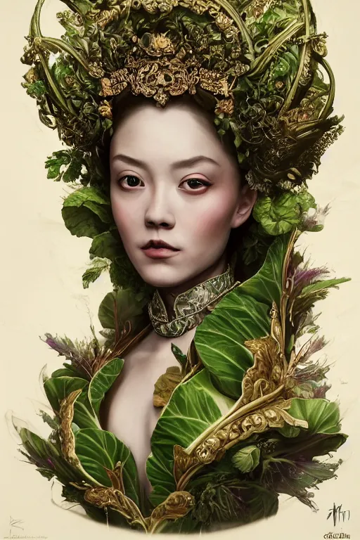 Prompt: a beautiful empress portrait, with a brilliant, impossible striking big salad headpiece, clothes entirely made out of salad, symmetrical, dramatic studio lighting, rococo, baroque, greens, asian, hyperrealism, closeup, D&D, fantasy, intricate, elegant, highly detailed, digital painting, artstation, octane render, 8k, concept art, matte, sharp focus, illustration, art by Artgerm and Greg Rutkowski and Alphonse Mucha