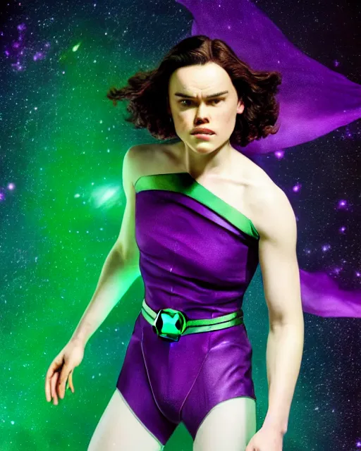 Image similar to photos of beautiful purple skinned actress Daisy Ridley as the Green Lantern soranik natu as she soars thru outer space, purple skin, purple skin colored Daisy Ridley, photogenic, purple skin, short black pixie like hair, particle effects, photography, studio lighting, photographed in the style of Annie Leibovitz